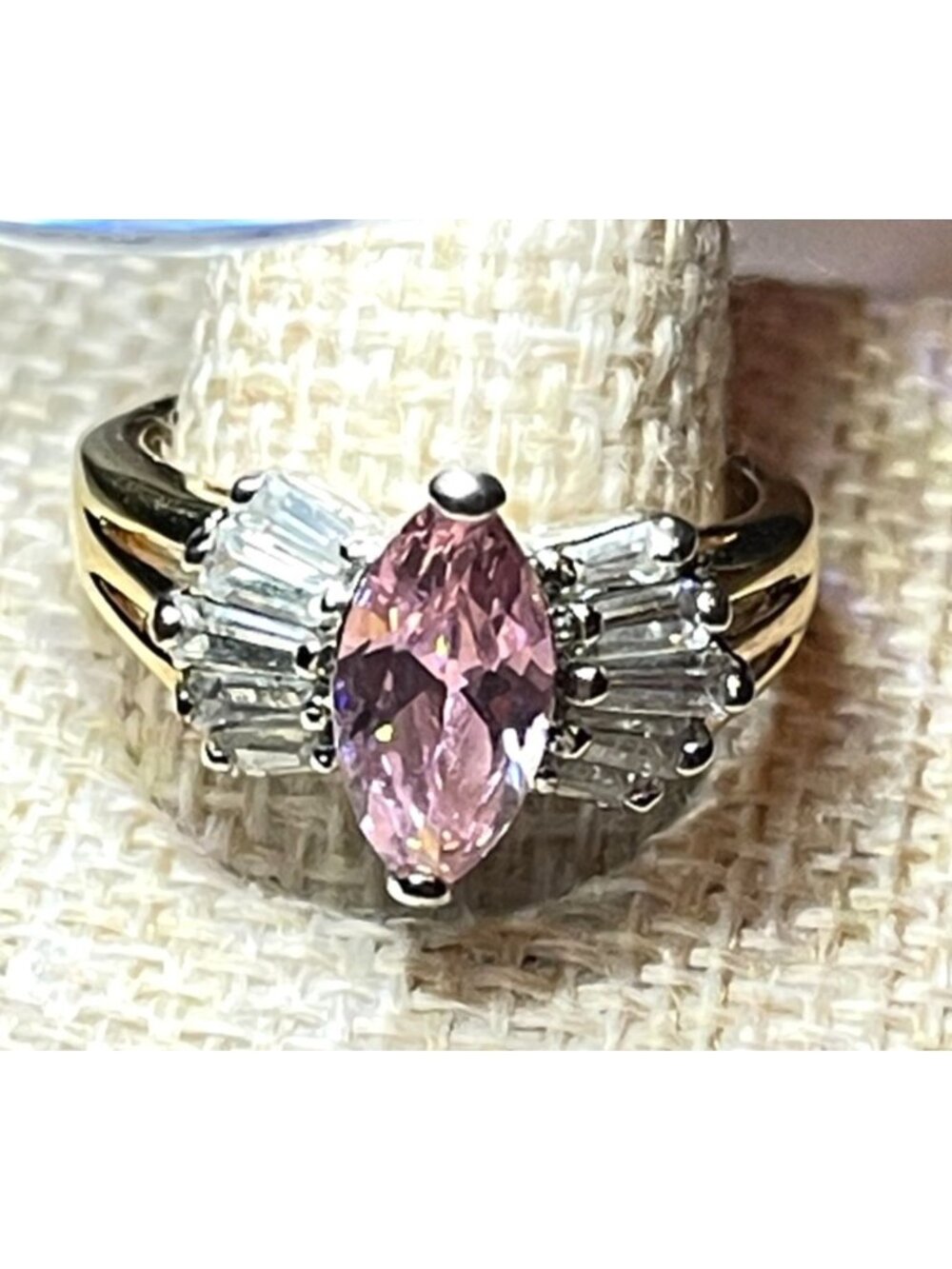 Vintage 90s Marquise Pink Ice and Tapered Baguette Cocktail Ring SIze 8